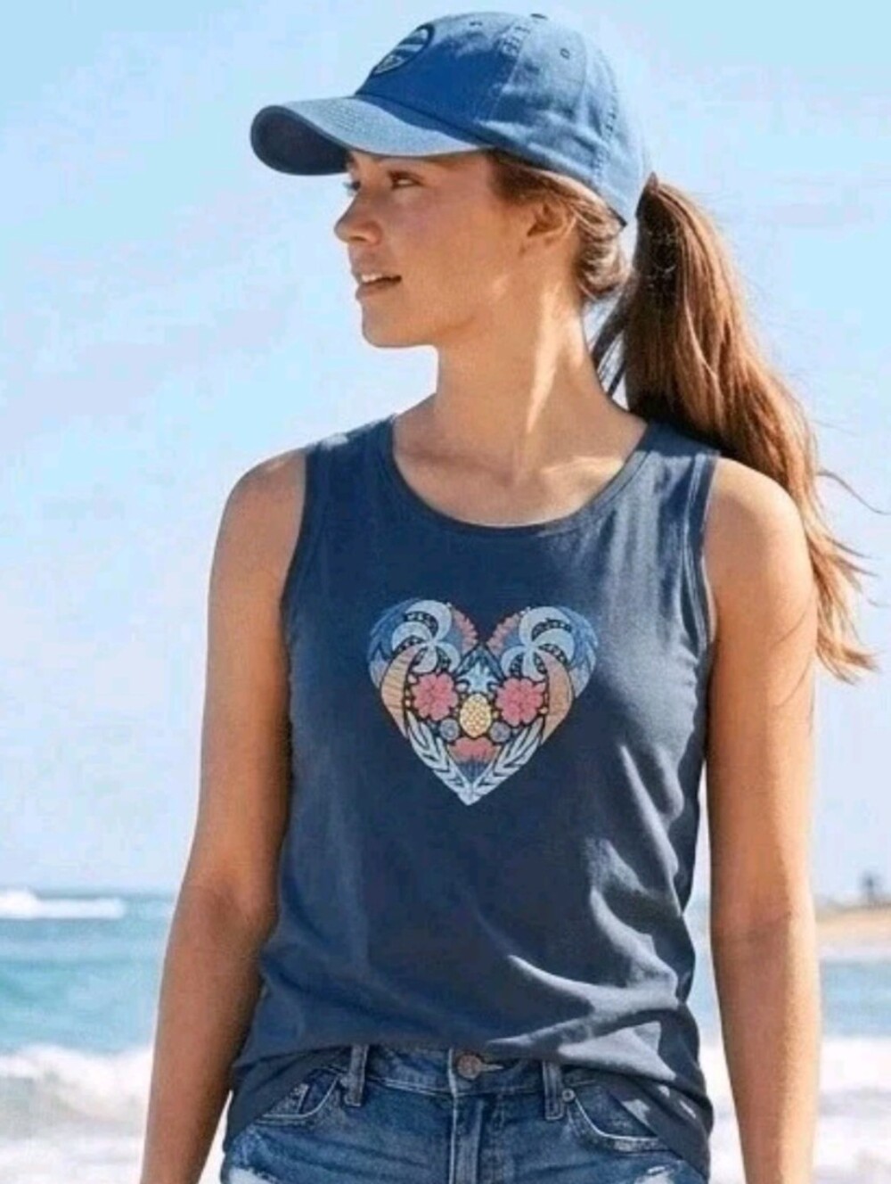 Life is Good Womens Crusher-Lite XL Tank Top Heart Palm Trees Pineapple Blue